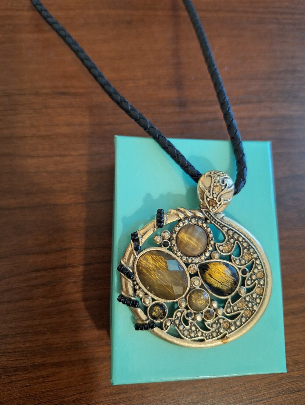 Lia Sophia Bravado Vintage Pendant Statement Necklace Gold Black Cord Like New